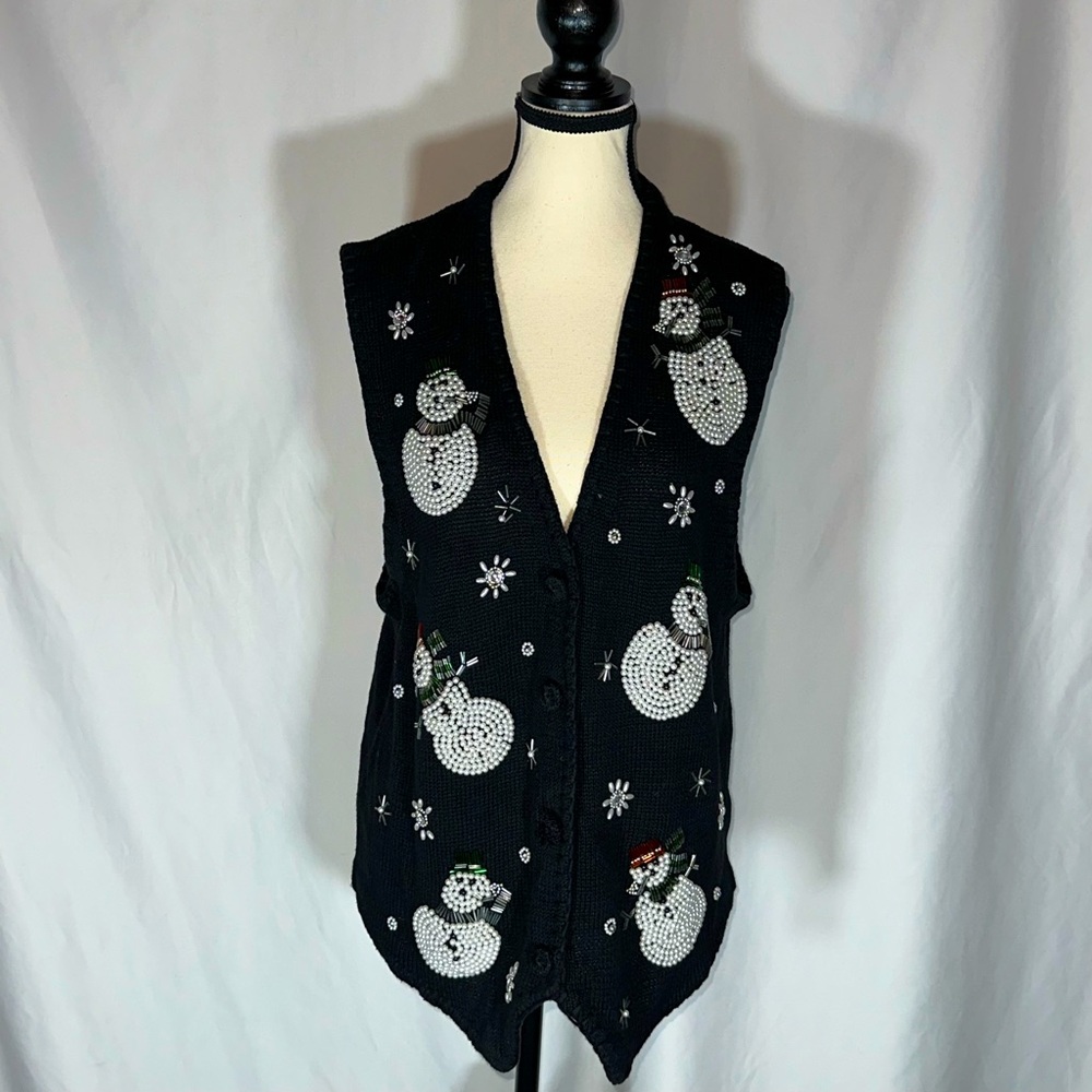 VICTORIA JONES • Vtg Christmas Vest Sweater Beaded Snowman Ugly Sweater Black Lg